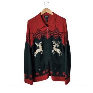 VTG Ralph Lauren Hand Knit Sweater Reindeer Silver Buttons M Linen Red Green